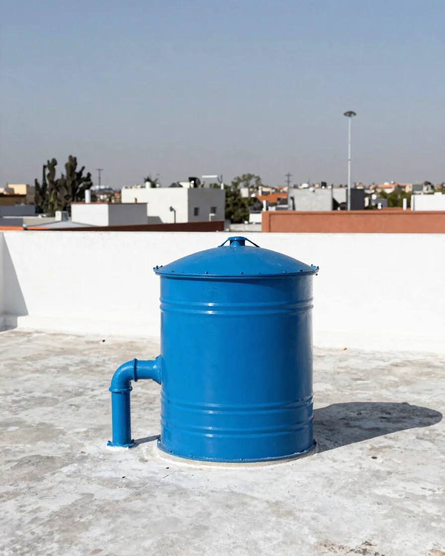 Plano amplio de una azotea urbana mexicana con un tinaco azul cla